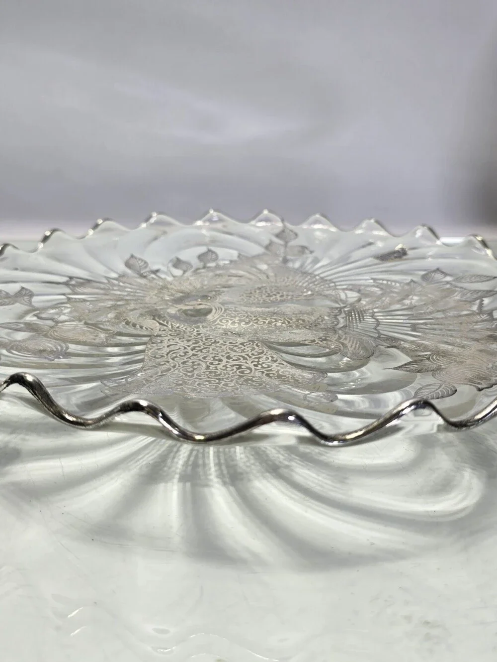 Vtg Silver City Sterling on Crystal Christmas Bells Scalloped Serving Platter